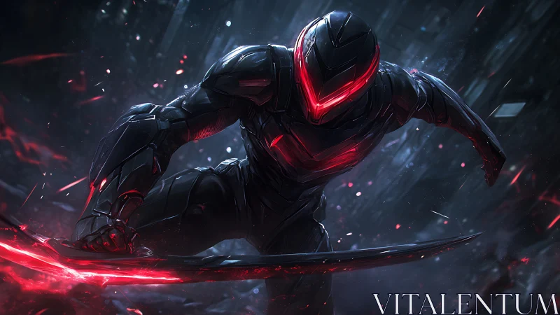 Cybernetic swordsman lunges forward amid neon red light trails