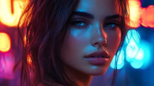 Neon lit close up portrait of young woman at night.