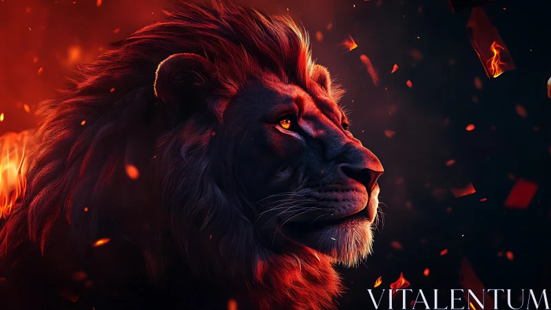 Volumetric firelit lion profile rendered in cinematic detail.
