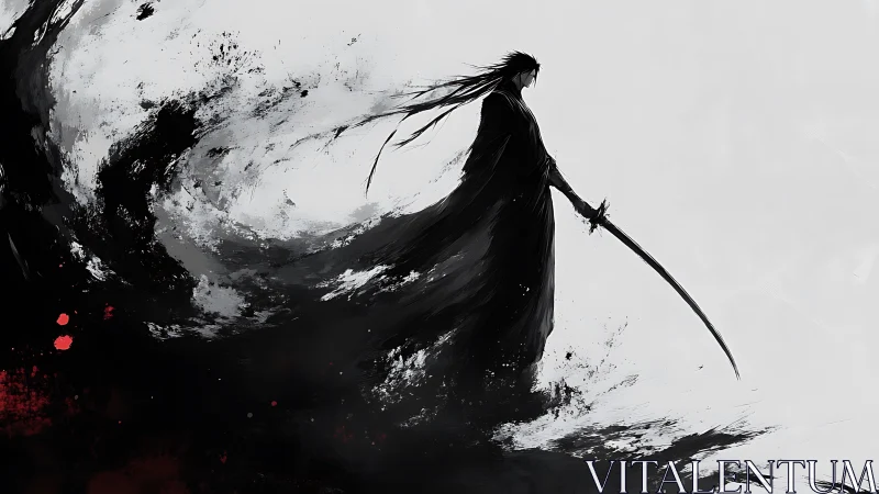 Lone shadow warrior standing calm in swirling ink storm.