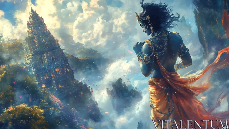 Mystical sky dancer watching a glowing mountain temple.