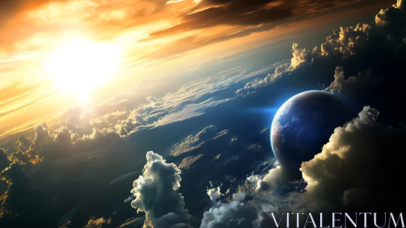 Planet on cloud horizon beneath strong sun over atmosphere.