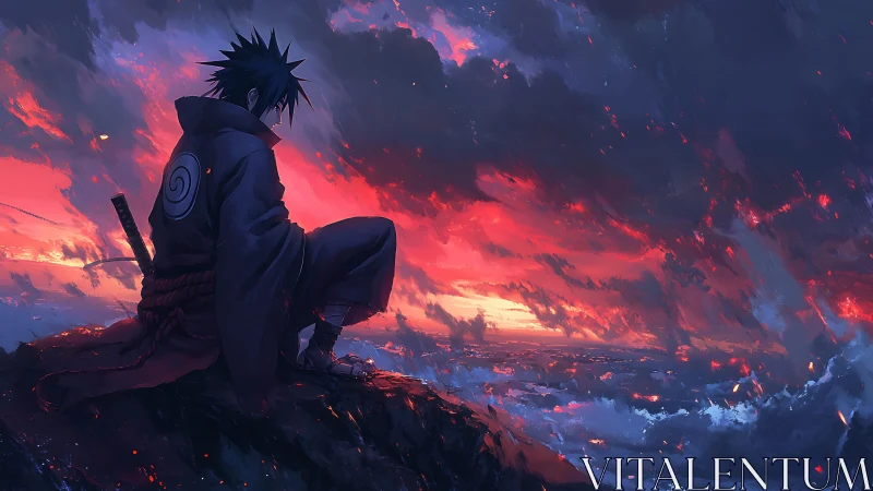 Solitary warrior overlooking stormlit crimson horizon.