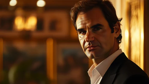 Golden-hour gentleman framed in cinematic soft-focus glow.