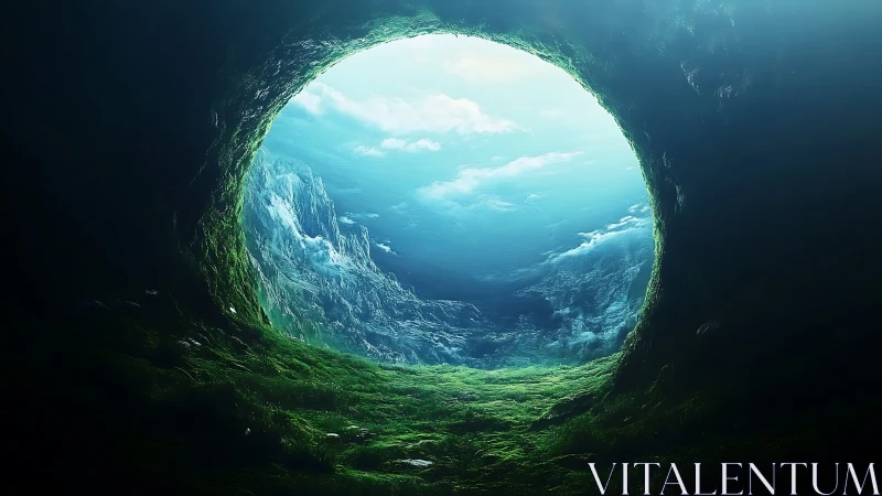 Circular cavern opening onto bright ocean sky scene.