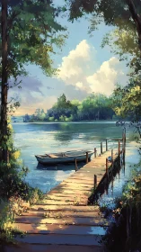 Wooden dock extends into calm river beneath tree canopy