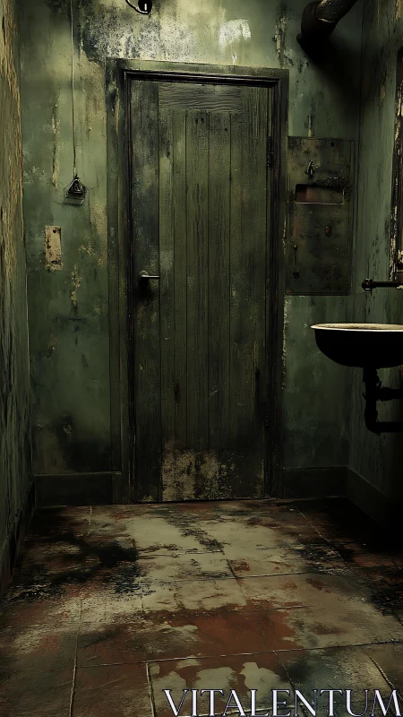 Decayed industrial corridor door rendered with moody lighting