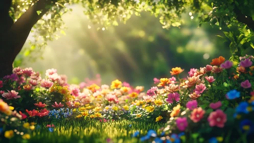 Sunlit Garden Symphony: Chromatic Blossoms Dance.