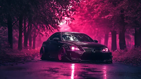 Midnight Lexus glows boldly under neon pink forest light