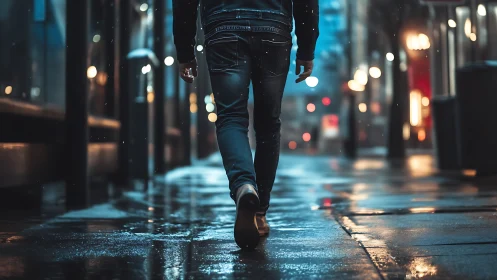 Rainy city evening stroll along glowing wet pavements.