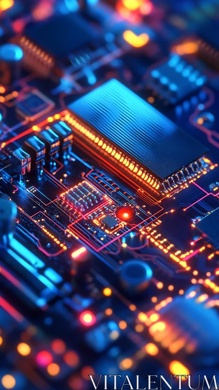 Neon circuitry close-up with glowing microchip core.