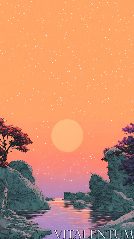 Surreal pastel canyon sunset over reflective river channel.