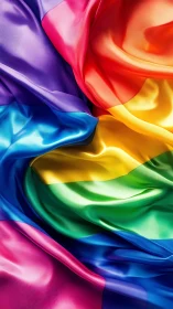 Vibrant satin rainbow flag fabric folds in closeup view.