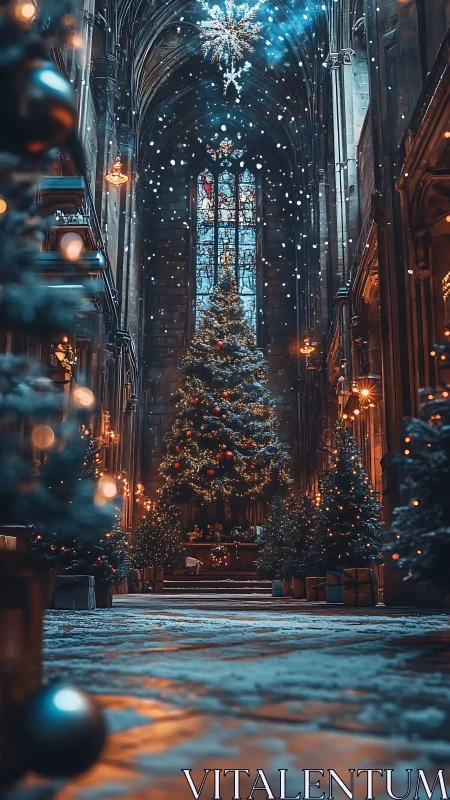 Grand cathedral aisle with illuminated Christmas tree decor.