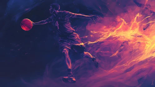 Digital painting of dynamic basketball player in neon flames.