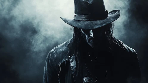 Low-key portrait of mysterious cowboy silhouette in foggy chiaroscuro.