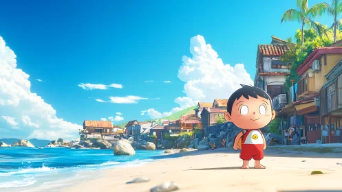 Cartoon child standing on bright coastal village beach.