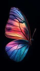 Prismatic butterfly hovers like stained glass in deep velvet