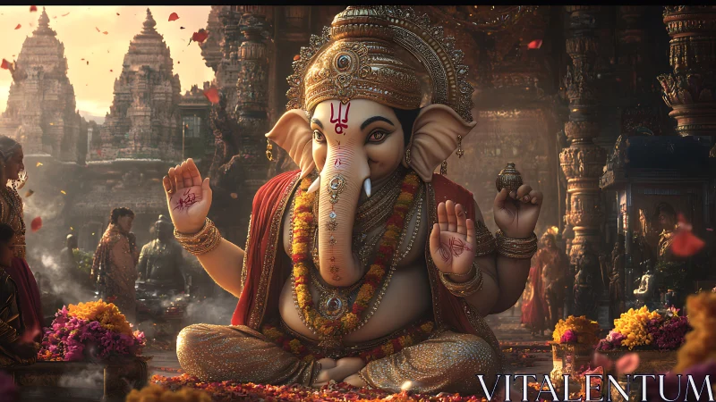Elephant-headed deity smiles gently amid swirling temple blooms