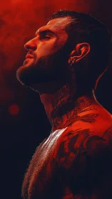 High-contrast portrait isolates tattooed profile in red rim lighting