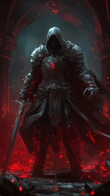Dark armored knight with glowing red power in ruins