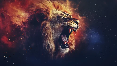 Roaring lion head merges with nebular fire in cosmic void