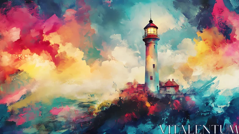Vibrant seascape lighthouse under stormy abstract sky.