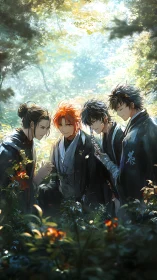 Samurai friends share quiet sunlight in a secret forest glade.