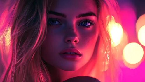 Neon lit portrait of a dreamy girl in glowing pink light.