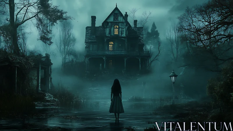 Lonely figure approaching a misty, lantern-lit haunted house.