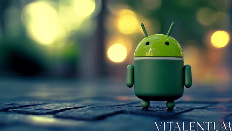 Playful green android mascot on cobblestones at dusk.