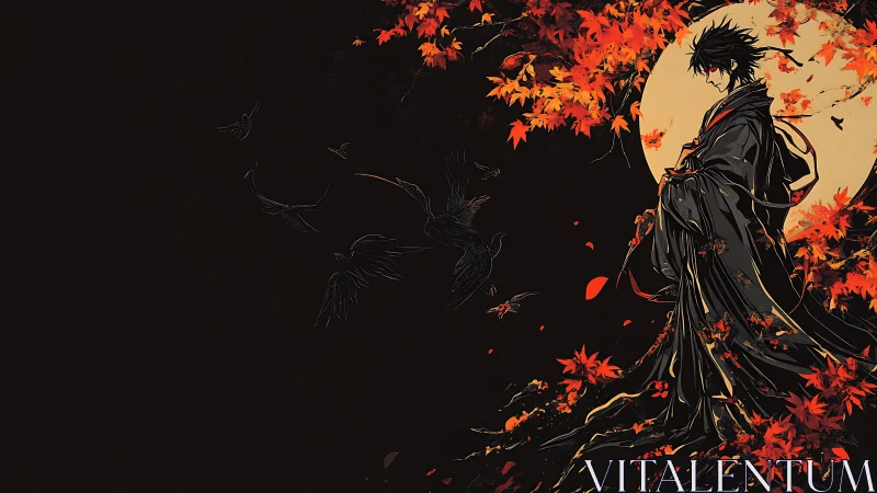 Samurai silhouette under blood moon and crimson maple canopy.