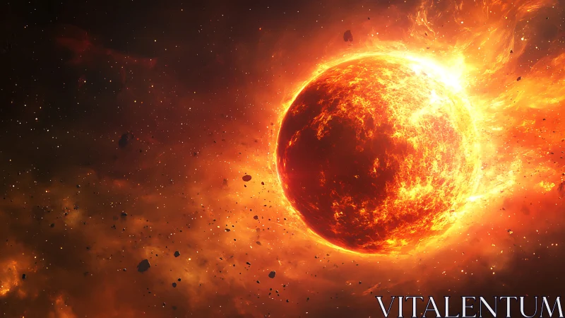 Molten star amid drifting space debris in fiery orbit.