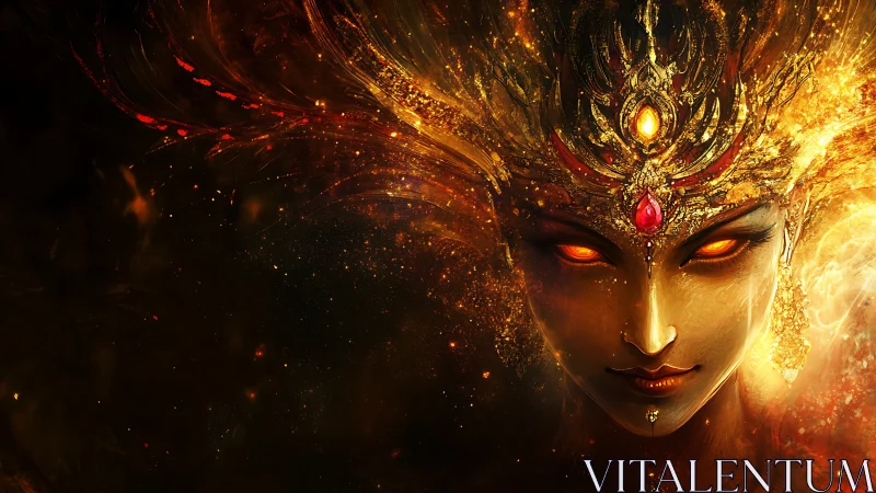 Fiery golden goddess portrait with glowing ember eyes.