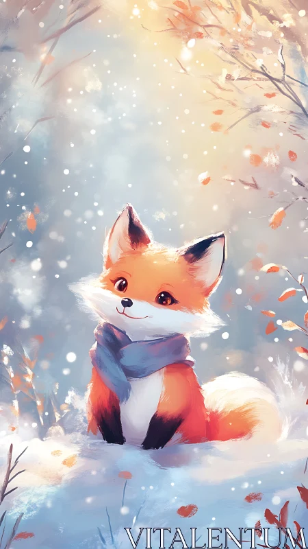 Cute orange fox in snowy forest with falling snowflakes.