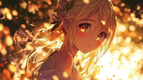 Blonde anime girl in warm backlight with floating particles.