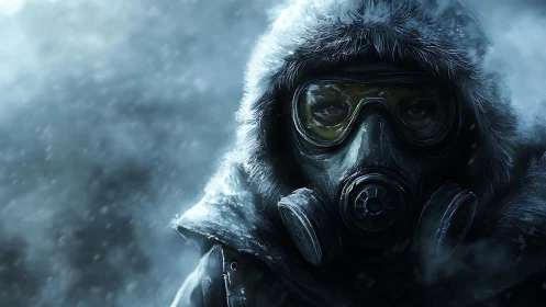 Frostbitten wanderer in a gas mask facing the howling storm.