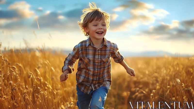 Joyful child runs through golden wheat field at sunset.
