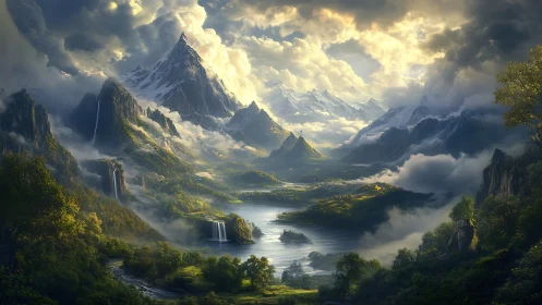 Mythic mountain valley under stormlit golden skies.