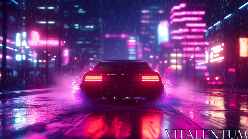 Neon sports car speeds through a rainy cyberpunk city night