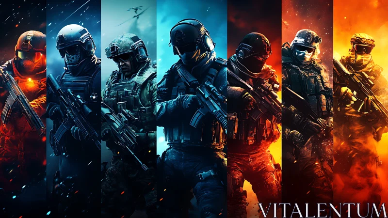 Tactical military squad lineup in intense neon warlight.