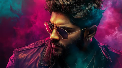 Chromatic portrait with neon vapor diffusion and specular glare.