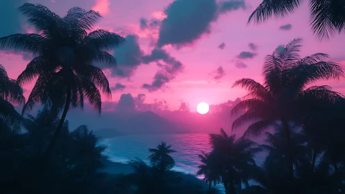 Dreamy neon island sunset wrapped in soft palm silhouettes.
