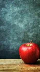 Red apple on wooden surface against textured chalkboard