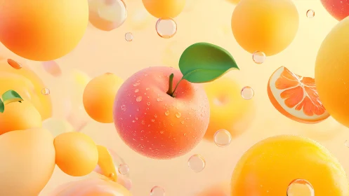 Juicy floating citrus fruits glow in a soft pastel haze
