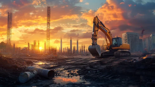 Golden sunset glows gently over a busy urban construction site
