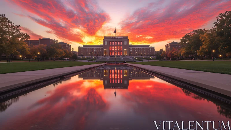 Golden campus sunset reflected in a peaceful waterway.
