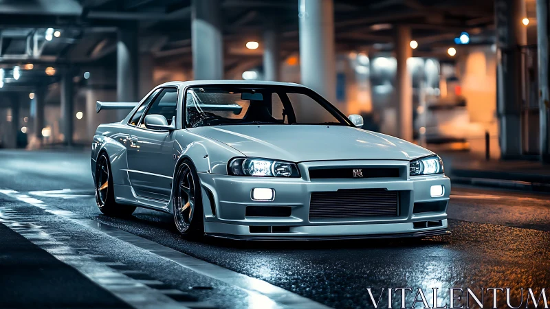 Tuned Nissan Skyline GT-R R34 idles under cinematic city lights