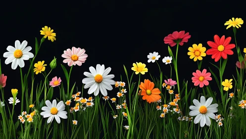 Neon Garden Symphony: Radiant Blooms Dance Against Obsidian Night