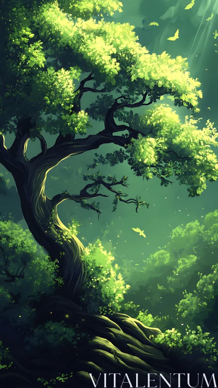 Emerald dreamtree rising through sunlit forest hush.